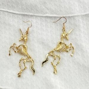Gold Unicorn Skeleton Earrings, Magical Pony Jewelry, Gothic Jewelry